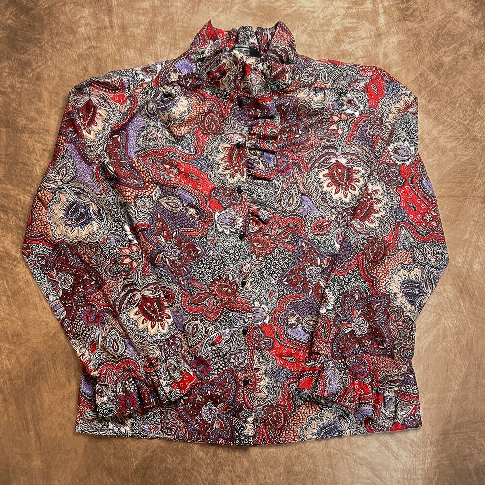 Vintage 70s Frank Lee of California Paisley Ruffled Collar Blouse Multicolor